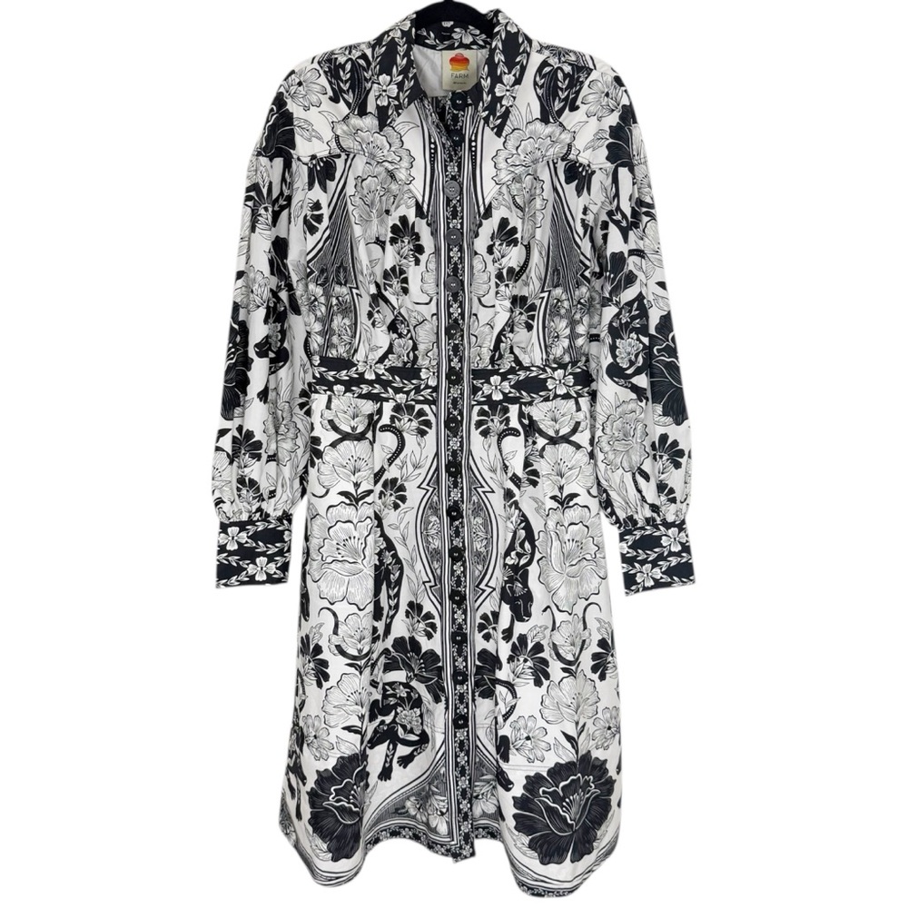 NWT FARM Rio Black and White Floral Midi Shirt Dress - Picture 2 of 15